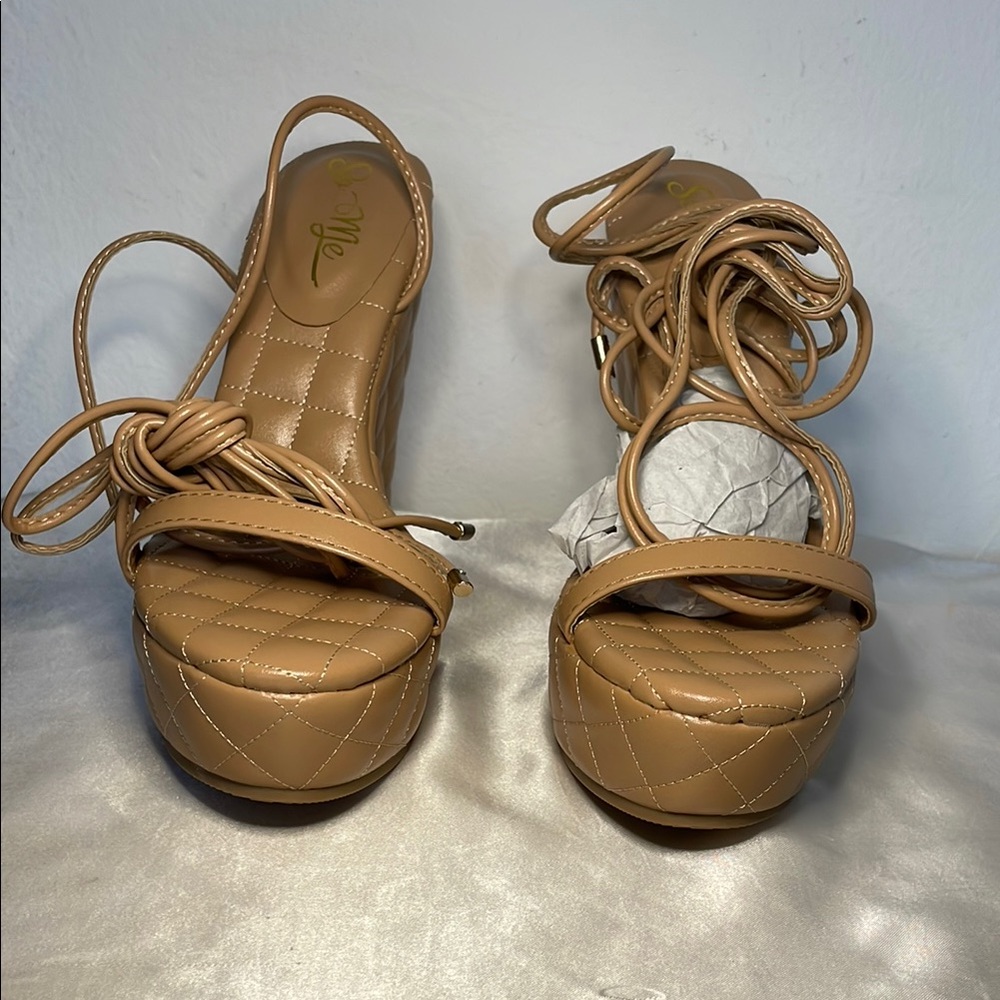 Miss Lola Tan Platform Sandals with Lace-Up Straps